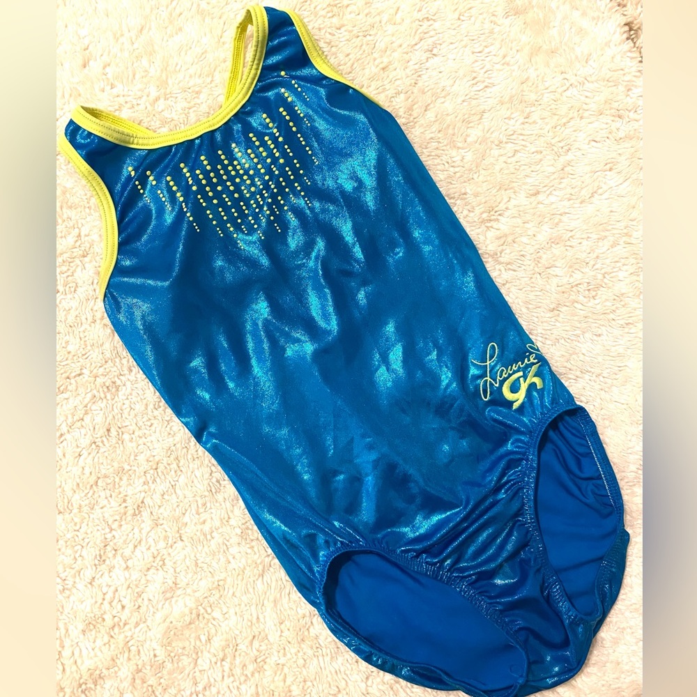 Laurie Hernandez GK aqua blue gymnastics leotard w yellow accents GUC sz AS